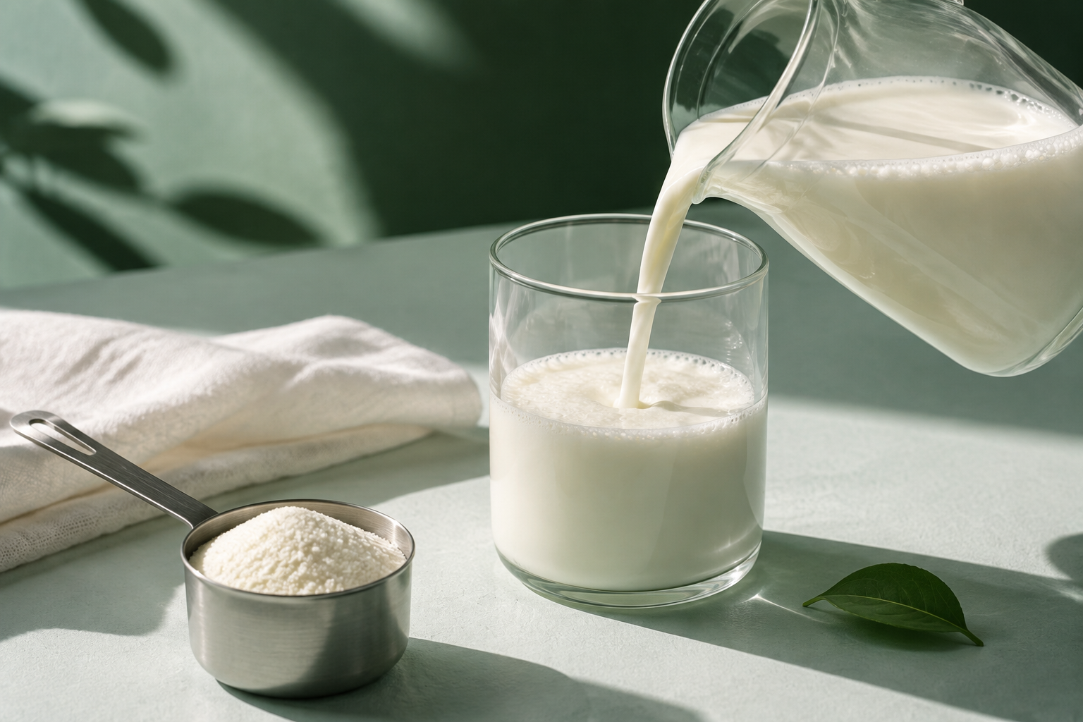 Milk pouring into a glass, conceptual dairy still life